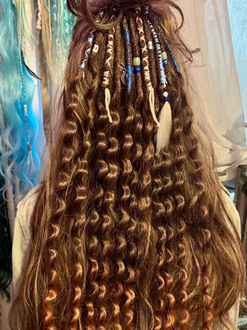 Boho Curly Brown Hair Extensions with Blue Bead Accents